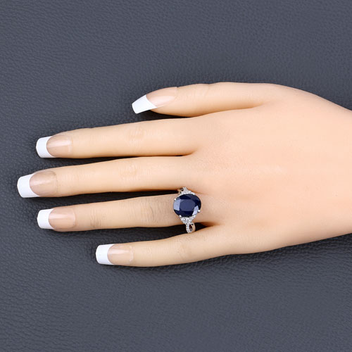 6.54 Carat Genuine Blue Sapphire and White Diamond 14K White Gold Ring