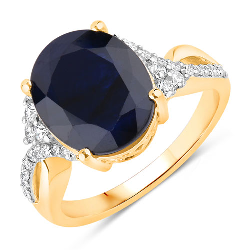 Sapphire-6.54 Carat Genuine Blue Sapphire and White Diamond 14K Yellow Gold Ring