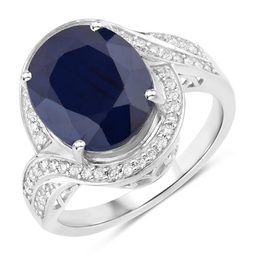 Sapphire-6.52 Carat Genuine Blue Sapphire and White Diamond 14K White Gold Ring