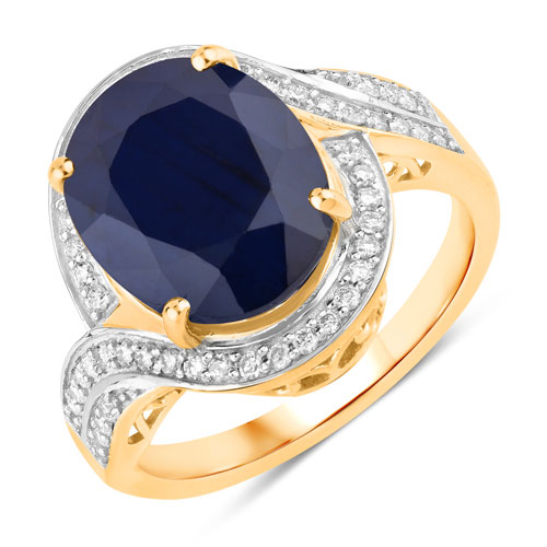 Sapphire-6.52 Carat Genuine Blue Sapphire and White Diamond 14K Yellow Gold Ring