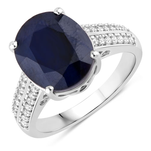 Sapphire-6.49 Carat Genuine Blue Sapphire and White Diamond 14K White Gold Ring