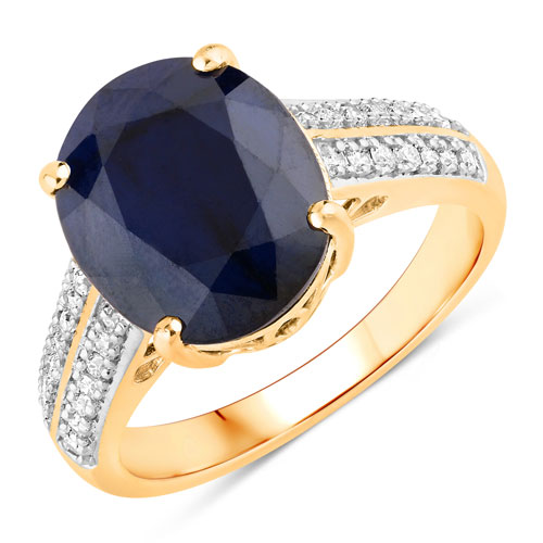 Sapphire-6.49 Carat Genuine Blue Sapphire and White Diamond 14K Yellow Gold Ring