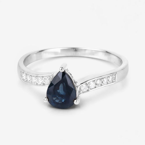 0.89 Carat Genuine Blue Sapphire and White Diamond 14K White Gold Ring