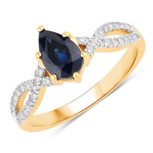 Sapphire-1.14 Carat Genuine Blue Sapphire and White Diamond 14K Yellow Gold Ring