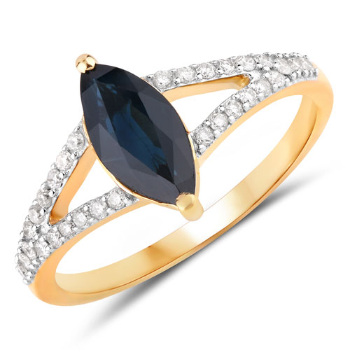 Sapphire-1.50 Carat Genuine Blue Sapphire and White Diamond 14K Yellow Gold Ring