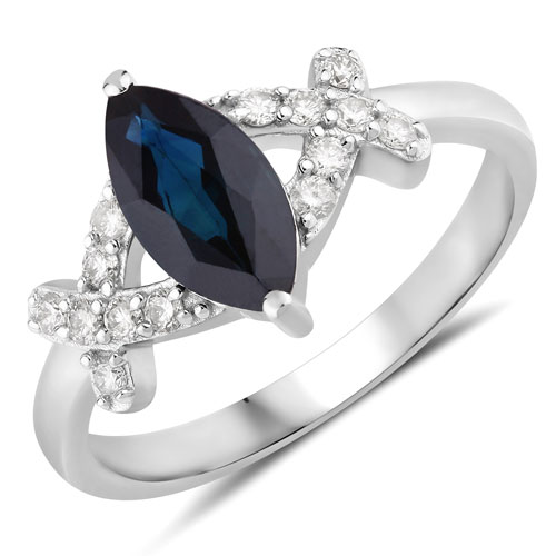 Sapphire-1.50 Carat Genuine Blue Sapphire and White Diamond 14K White Gold Ring