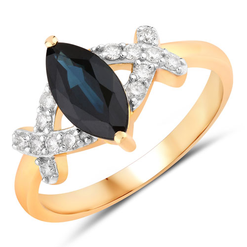 Sapphire-1.50 Carat Genuine Blue Sapphire and White Diamond 14K Yellow Gold Ring