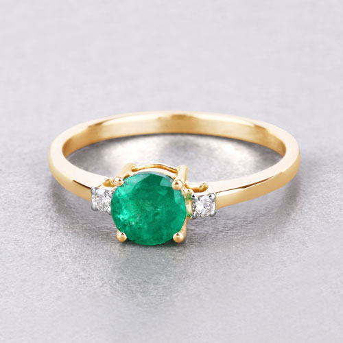 0.71 Carat Genuine Zambian Emerald and White Diamond 14K Yellow Gold Ring