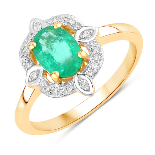 Emerald-0.91 Carat Genuine Zambian Emerald and White Diamond 14K Yellow Gold Ring