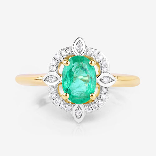 0.91 Carat Genuine Zambian Emerald and White Diamond 14K Yellow Gold Ring