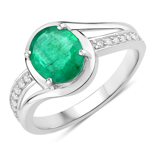 Emerald-1.62 Carat Genuine Zambian Emerald and White Diamond 14K White Gold Ring