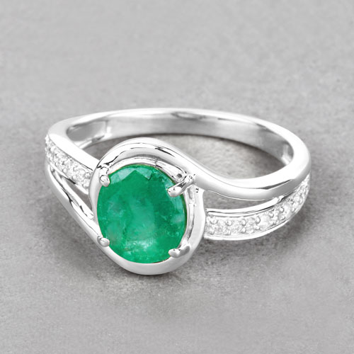 1.62 Carat Genuine Zambian Emerald and White Diamond 14K White Gold Ring