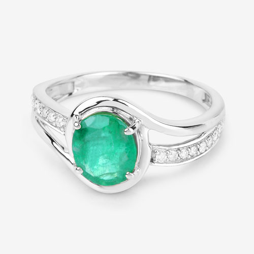 1.62 Carat Genuine Zambian Emerald and White Diamond 14K White Gold Ring