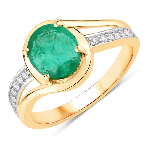 Emerald-1.62 Carat Genuine Zambian Emerald and White Diamond 14K Yellow Gold Ring