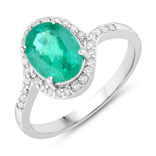 Emerald-1.92 Carat Genuine Zambian Emerald and White Diamond 14K White Gold Ring