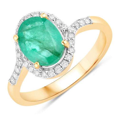 Emerald-1.92 Carat Genuine Zambian Emerald and White Diamond 14K Yellow Gold Ring