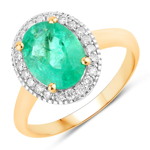 Emerald-2.62 Carat Genuine Zambian Emerald and White Diamond 14K Yellow Gold Ring