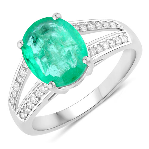 Emerald-2.29 Carat Genuine Zambian Emerald and White Diamond 14K White Gold Ring