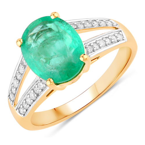 Emerald-2.29 Carat Genuine Zambian Emerald and White Diamond 14K Yellow Gold Ring