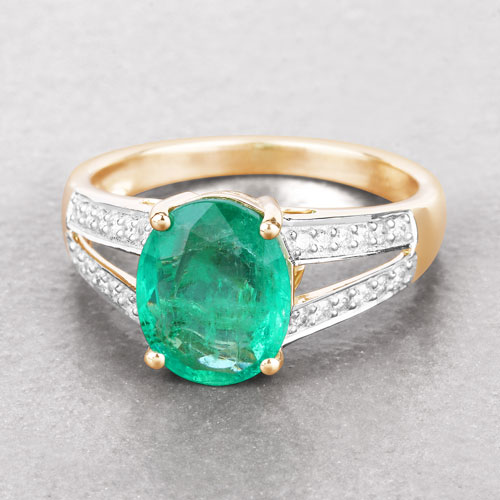2.29 Carat Genuine Zambian Emerald and White Diamond 14K Yellow Gold Ring