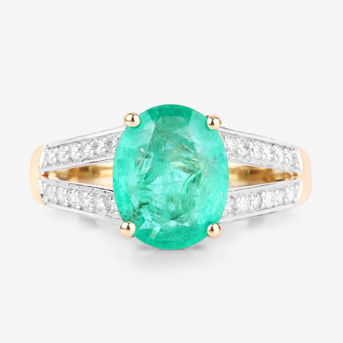 2.29 Carat Genuine Zambian Emerald and White Diamond 14K Yellow Gold Ring