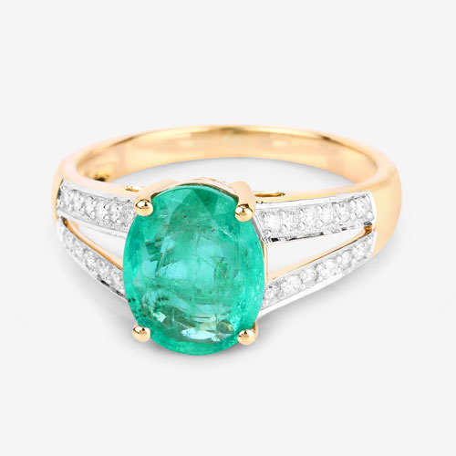 2.29 Carat Genuine Zambian Emerald and White Diamond 14K Yellow Gold Ring