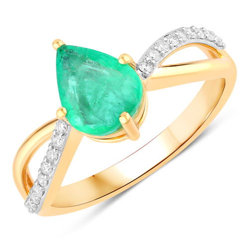 Emerald-1.44 Carat Genuine Zambian Emerald and White Diamond 14K Yellow Gold Ring