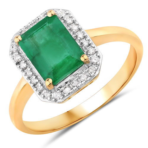 Emerald-1.80 Carat Genuine Zambian Emerald and White Diamond 14K Yellow Gold Ring