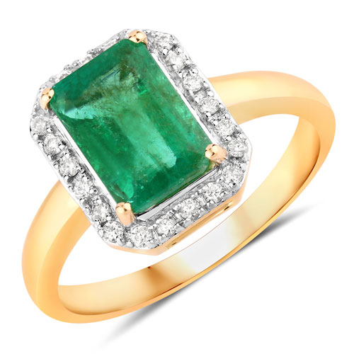 Emerald-2.09 Carat Genuine Zambian Emerald and White Diamond 14K Yellow Gold Ring