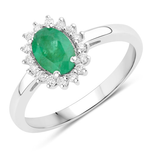 Emerald-0.88 Carat Genuine Zambian Emerald and Lab Grown Diamond .925 Sterling Silver Ring