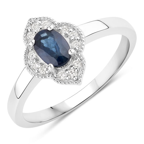 Sapphire-0.60 Carat Genuine Blue Sapphire and Lab Grown Diamond .925 Sterling Silver Ring
