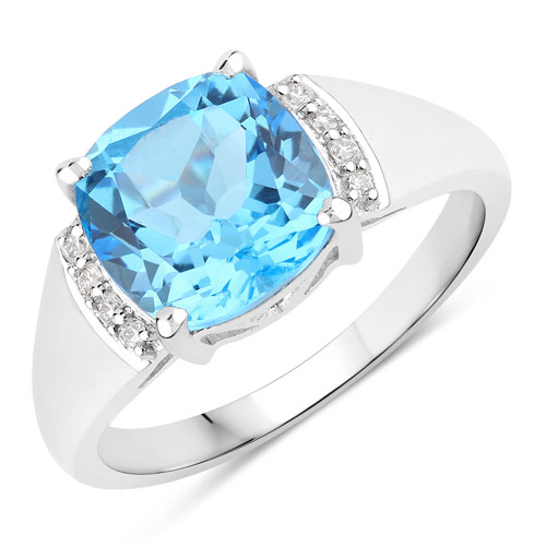 Rings-3.73 Carat Genuine Swiss Blue Topaz and Lab Grown Diamond .925 Sterling Silver Ring
