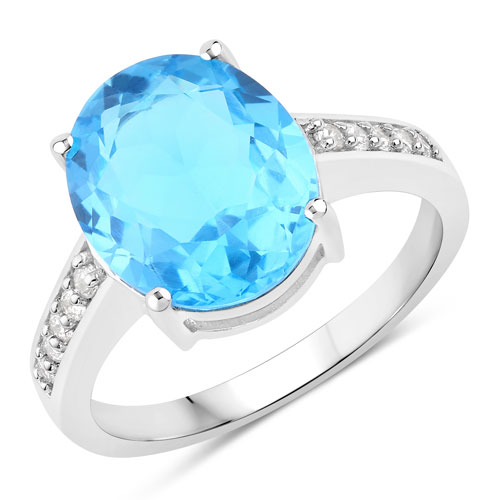 Rings-5.29 Carat Genuine Swiss Blue Topaz and Lab Grown Diamond .925 Sterling Silver Ring