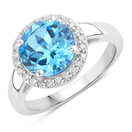 Rings-3.99 Carat Genuine Swiss Blue Topaz and Lab Grown Diamond .925 Sterling Silver Ring