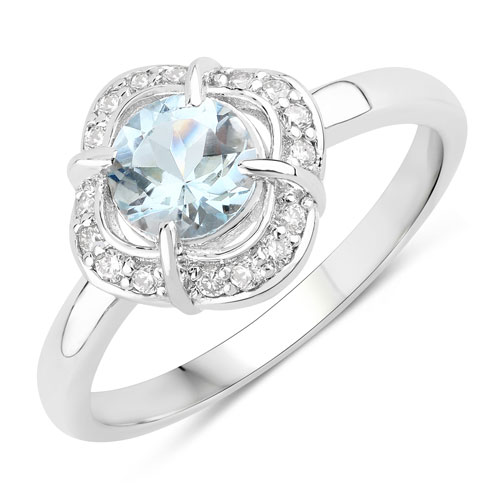 Rings-0.91 Carat Genuine Aquamarine and Lab Grown Diamond .925 Sterling Silver Ring
