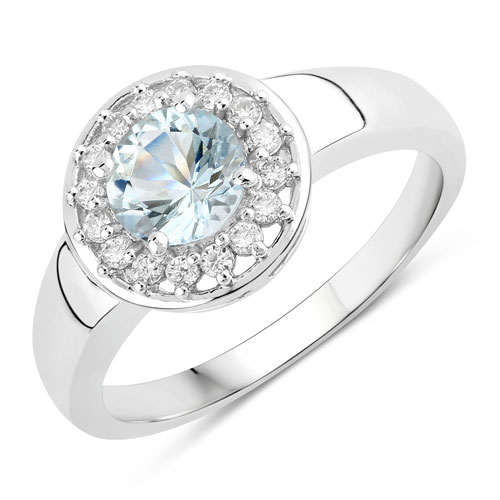 Rings-0.91 Carat Genuine Aquamarine and Lab Grown Diamond .925 Sterling Silver Ring