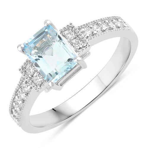 Rings-0.98 Carat Genuine Aquamarine and Lab Grown Diamond .925 Sterling Silver Ring