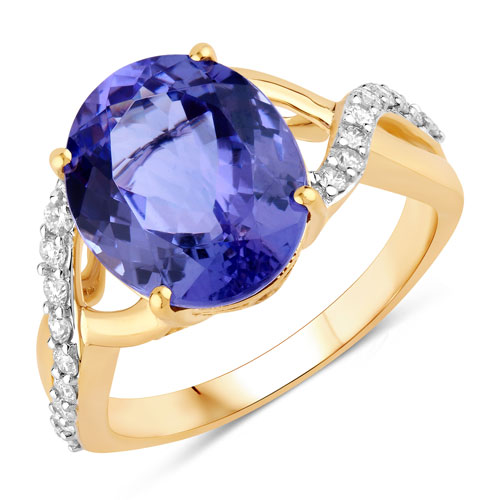 Tanzanite-5.19 Carat Genuine Tanzanite and White Diamond 14K Yellow Gold Ring