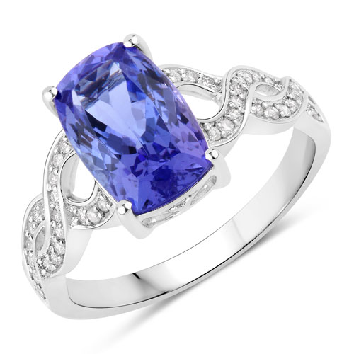 Tanzanite-3.28 Carat Genuine Tanzanite and White Diamond 14K White Gold Ring