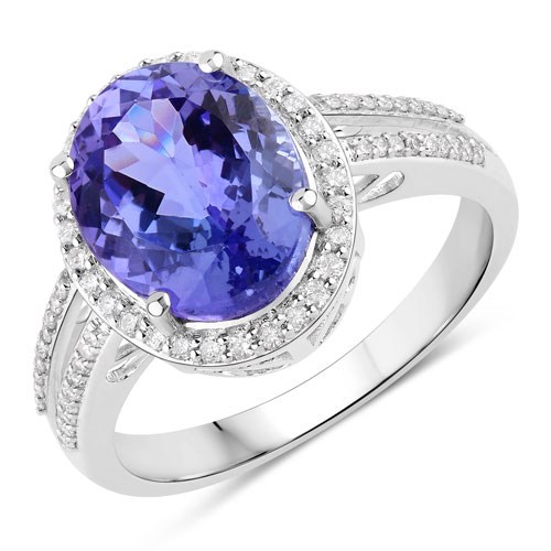 Tanzanite-4.48 Carat Genuine Tanzanite and White Diamond 14K White Gold Ring