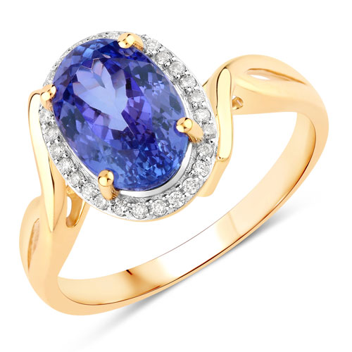 Tanzanite-2.95 Carat Genuine Tanzanite and White Diamond 14K Yellow Gold Ring