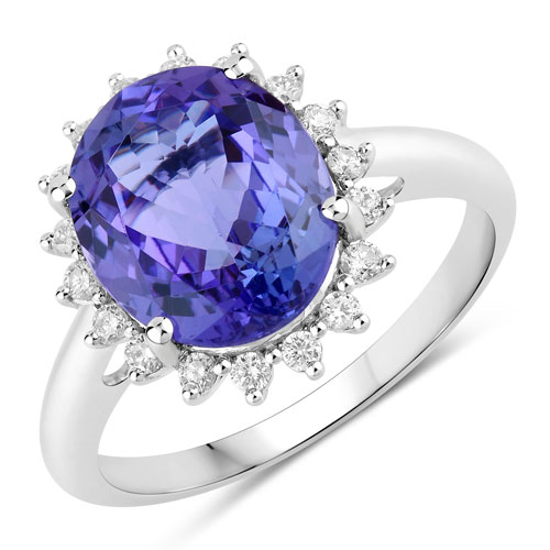 Tanzanite-4.57 Carat Genuine Tanzanite and White Diamond 14K White Gold Ring