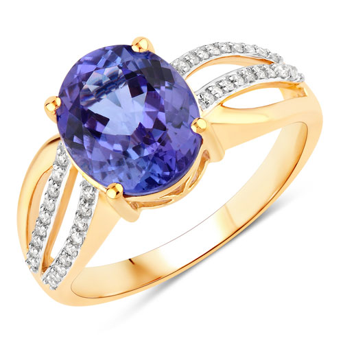 Tanzanite-3.26 Carat Genuine Tanzanite and White Diamond 14K Yellow Gold Ring