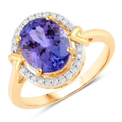 Tanzanite-3.15 Carat Genuine Tanzanite and White Diamond 14K Yellow Gold Ring