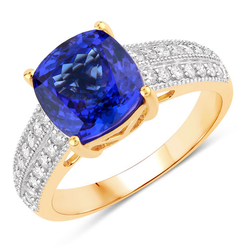 Tanzanite-4.14 Carat Genuine Tanzanite and White Diamond 14K Yellow Gold Ring