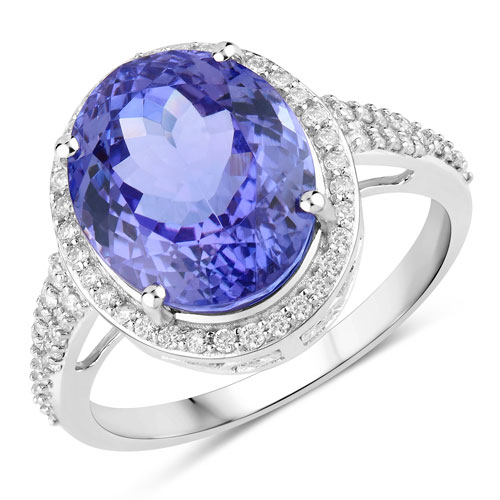 Tanzanite-6.48 Carat Genuine Tanzanite and White Diamond 14K White Gold Ring