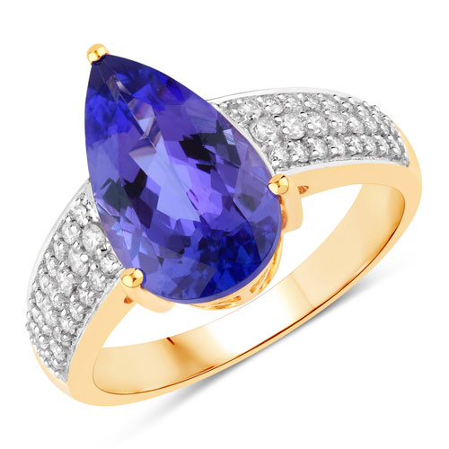 Tanzanite-4.06 Carat Genuine Tanzanite and White Diamond 14K Yellow Gold Ring