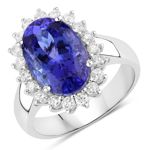 Tanzanite-5.92 Carat Genuine Tanzanite and White Diamond 14K White Gold Ring