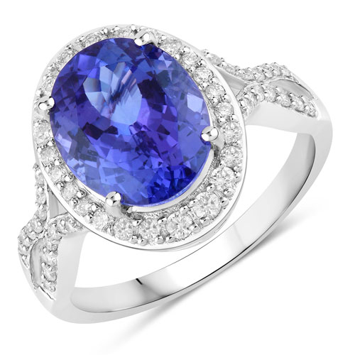 Tanzanite-4.12 Carat Genuine Tanzanite and White Diamond 14K White Gold Ring