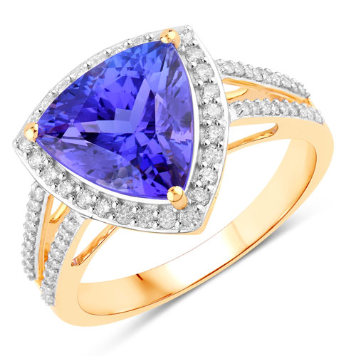 Tanzanite-4.10 Carat Genuine Tanzanite and White Diamond 14K Yellow Gold Ring